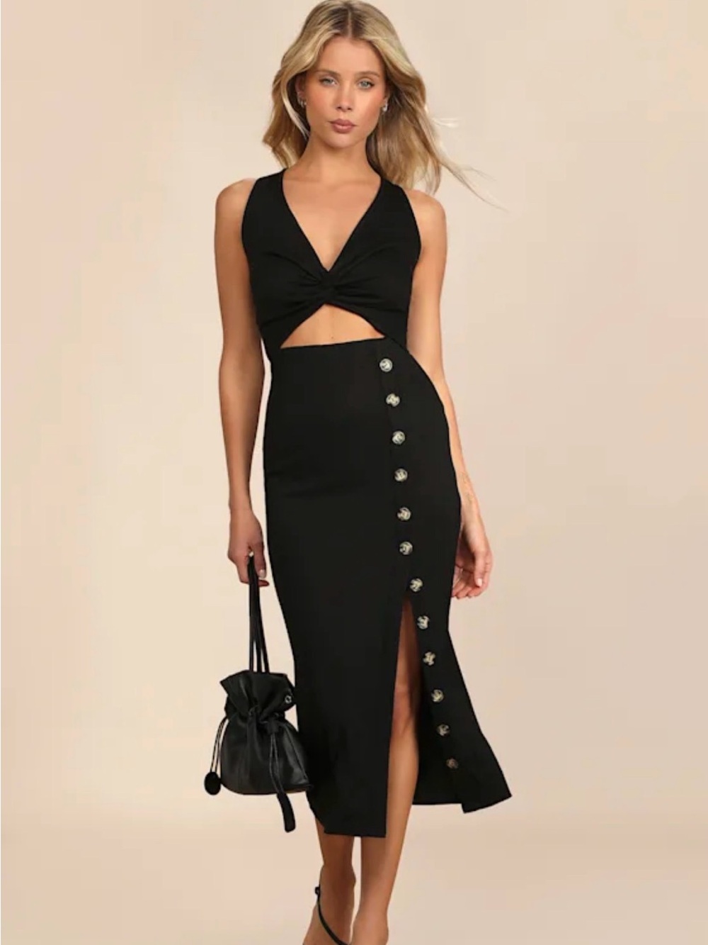 Trend Seeker Black Ribbed Twist-Front Cutout Midi Summer Dress
